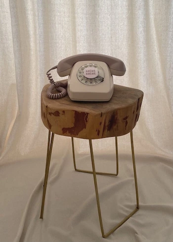 audio gaestebuch telefon von salut salut in der farbe beige rose steht auf einem holzständer